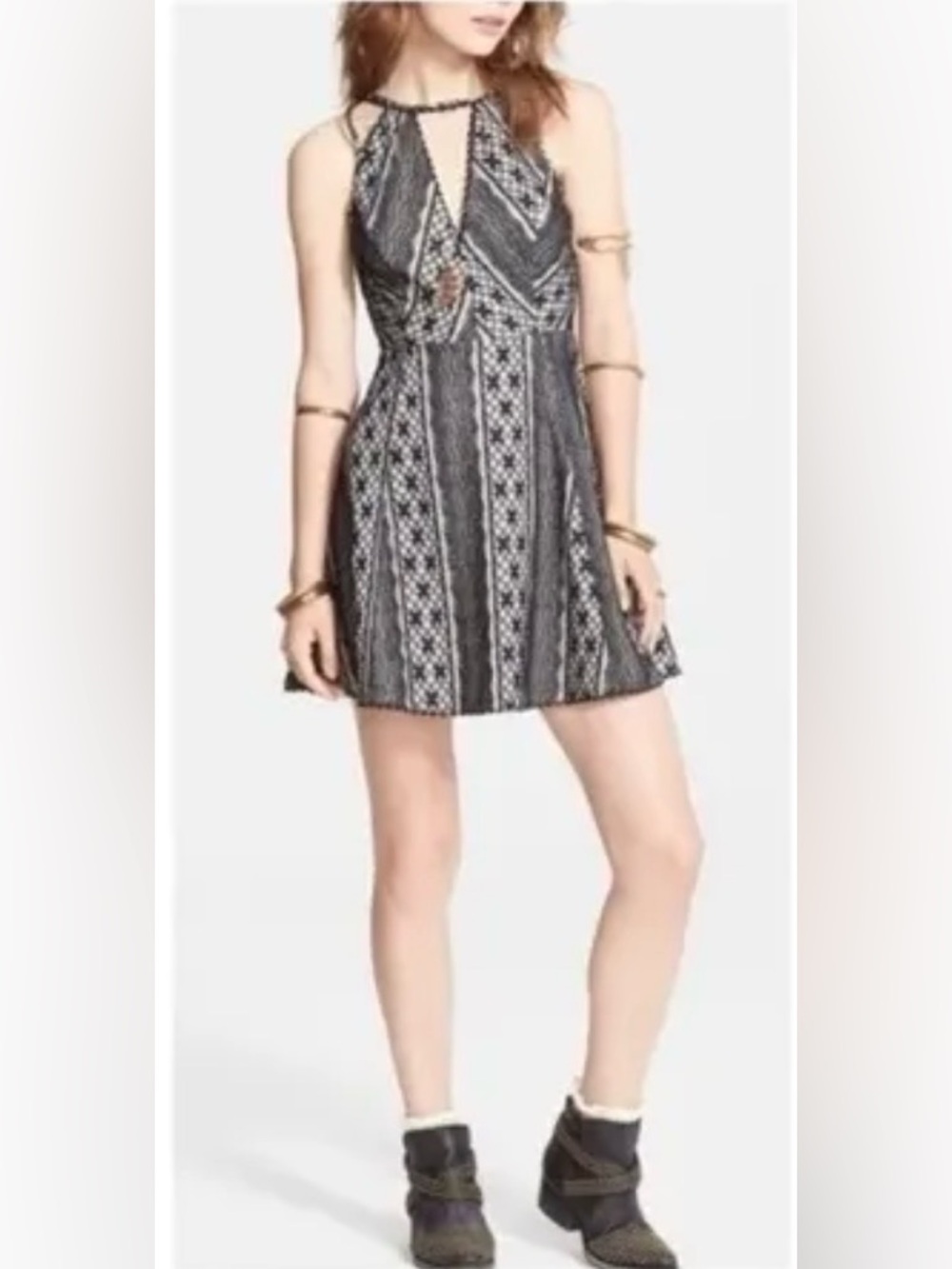 Free People Lace Mini Dress Black Ivory Fit & Flare Keyhole Back Size 4